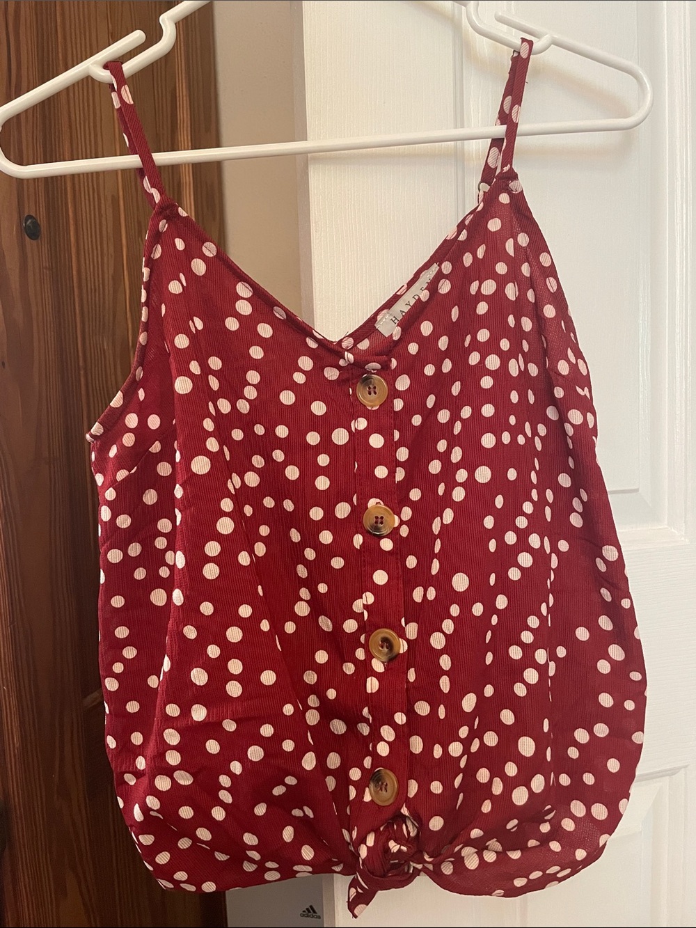 Hayden Red Polka Dot Front Tie Cami w/ Button Accents